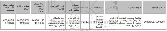 مناقصه عمومی همزمان با ارزیابی (فشرده) یک مرحله ای تهیه واجرای بخشی از شبکه جمع آوری فاضلاب صالحیه زون S2-1