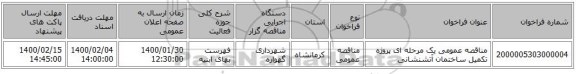 مناقصه عمومی یک مرحله ای پروژه تکمیل ساختمان آتشنشانی