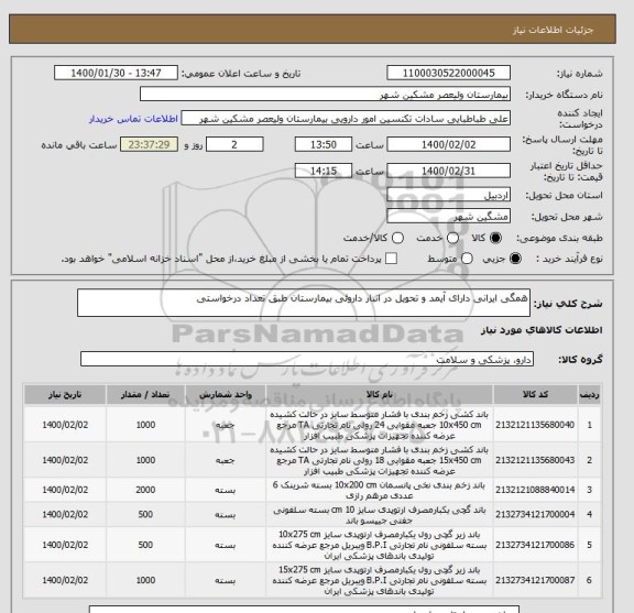 استعلام همگی ایرانی دارای آیمد و تحویل در انبار داروئی بیمارستان طبق تعداد درخواستی