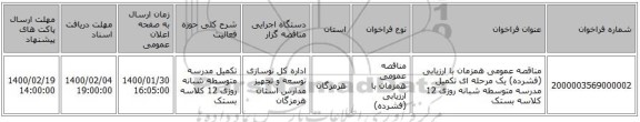 مناقصه عمومی همزمان با ارزیابی (فشرده) یک مرحله ای تکمیل مدرسه متوسطه شبانه روزی 12 کلاسه بستک