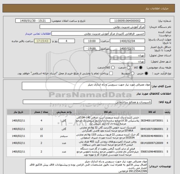 استعلام مواد مصرفی مورد نیاز جهت سرویس و راه اندازی چیلر
