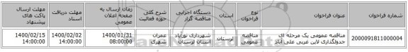 مناقصه عمومی یک مرحله ای جدولگذاری لاین غربی علی آباد