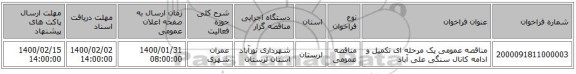 مناقصه عمومی یک مرحله ای  تکمیل و ادامه کانال سنگی علی آباد