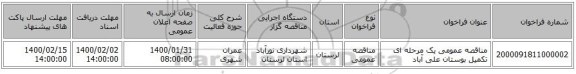 مناقصه عمومی یک مرحله ای تکمیل بوستان علی آباد