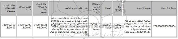 مناقصه عمومی یک مرحله ای عملیات آسفالت ریزی و جدول کشی معابر شهری طرح عمرانی شماره 111غ1502002(نوبت دوم) 