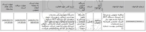 مناقصه عمومی دو مرحله ای خریدیک دستگاه OCT شبکیه چشم مورد نیاز کلینیک تخصصی هنری)به شرح مشخصات اختصاصی پیوست شماره 1)