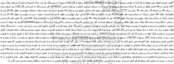 آگهی مزایده مقدار 202 سهم از 1181.25 سهم از ششدانگ یک باب خانه