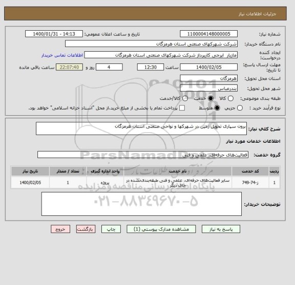 استعلام برون سپاری تحویل زمین در شهرکها و نواحی صنعتی استان هرمزگان 
