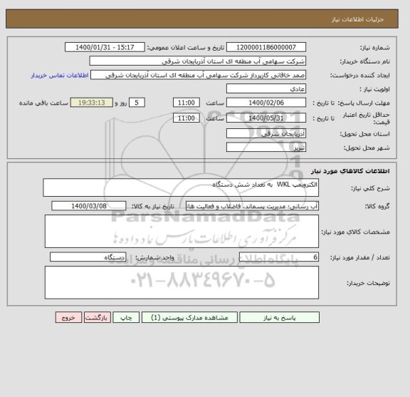 استعلام الکتروپمپ WKL  به تعداد شش دستگاه