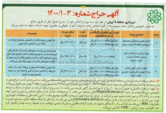 آگهی مزایده, مزایده اجاره بخش فرهنگی مجموعه   و ...