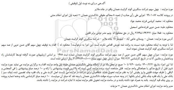 مزایده،مزایده فروش  چهل سهم شرکت سنگبری الوند گرانیت 