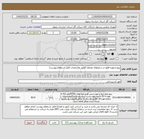 استعلام پیچ و مهره فلنج در سایزهای مختلف (طبق مشخصات فایل استعلام پیوست)