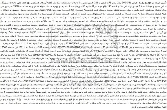 آگهی مزایده یک قطعه آپارتمان مسکونی نوع ملک طلق به پلاک ثبتی152 اصلی 