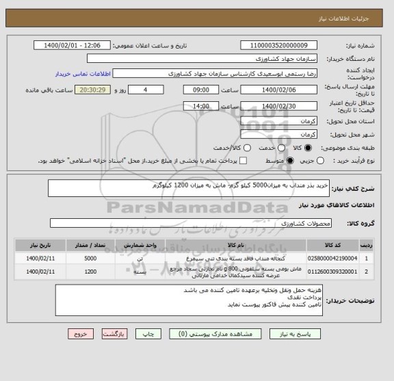استعلام خرید بذر منداب به میزان5000 کیلو گرم- ماش به میزان 1200 کیلوگرم