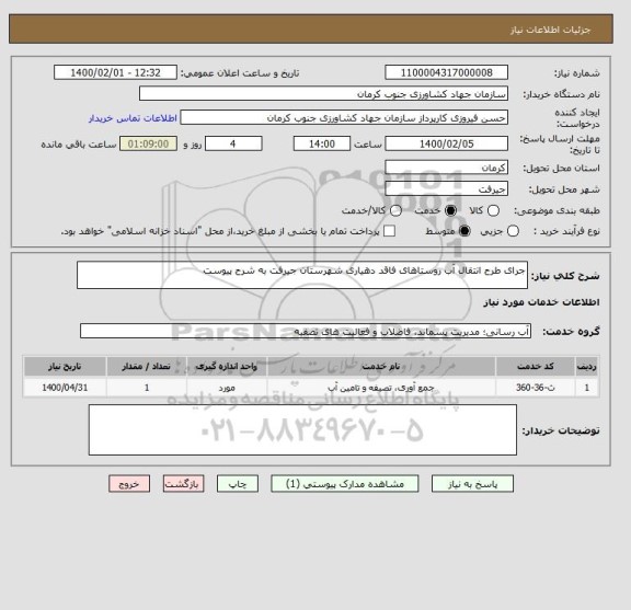 استعلام جرای طرح انتقال آب روستاهای فاقد دهیاری شهرستان جیرفت به شرح پیوست