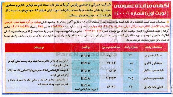مزایده فروش 5 واحد تجاری اداری و مسکونی 