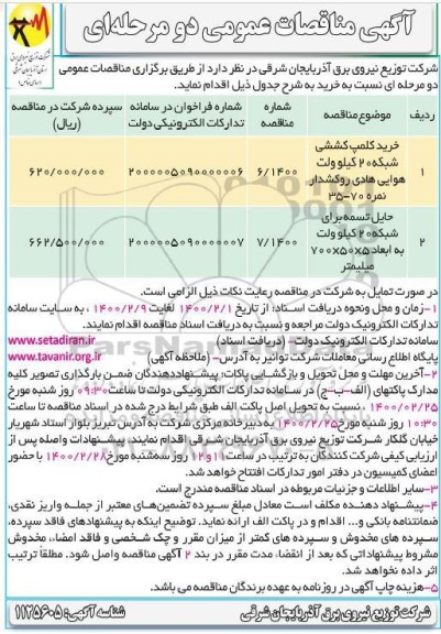 مناقصه عمومی، مناقصه ​خرید کلمپ کششی شبکه 20 کیلوولت هوایی ...