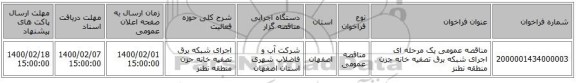 مناقصه عمومی یک مرحله ای اجرای شبکه برق تصفیه خانه جزن منطقه نطنز