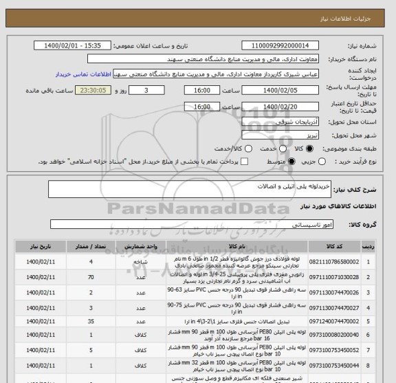 استعلام خریدلوله پلی اتیلن و اتصالات