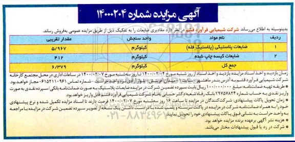 مزایده، مزایده فروش مقادیری ضایعات ...