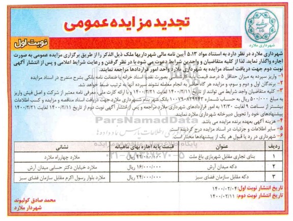 مزایده, تجدید مزایده بنای تجاری مقابل شهربازی باغ ...