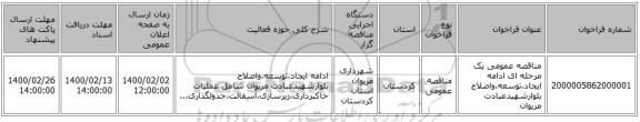 مناقصه عمومی یک مرحله ای ادامه ایجاد،توسعه،واصلاح بلوارشهیدعبادت مریوان