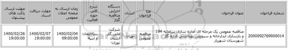 مناقصه عمومی یک مرحله ای آماده سازی سامانه 194 و بازسازی آبدارخانه و سرویس بهداشتی اداره گاز شهرستان شهریار
