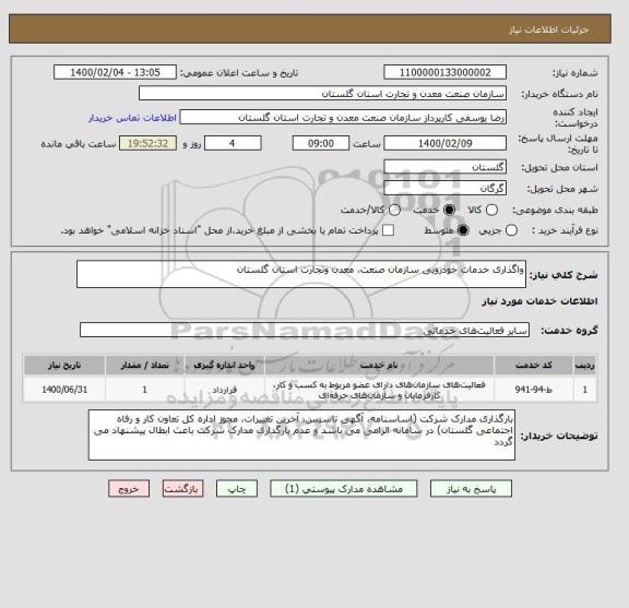 استعلام واگذاری خدمات خودرویی سازمان صنعت، معدن وتجارت استان گلستان  