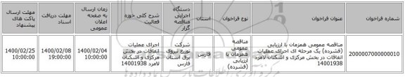 مناقصه عمومی همزمان با ارزیابی (فشرده) یک مرحله ای اجرای عملیات اتفاقات در بخش مرکزی و اشکنان لامرد 14001938