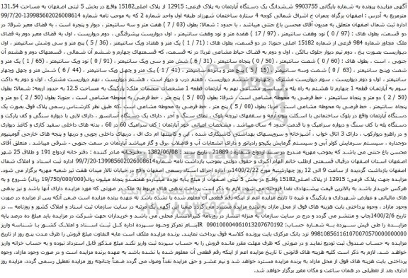 آگهی مزایده ششدانگ یک دستگاه آپارتمان به پلاک فرعی: 12915 از پلاک اصلی15182