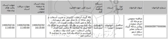 مناقصه عمومی دو مرحله ای اجرای عملیات روکش و لکه گیری آسفالت معابر سطح شهر سردشت     