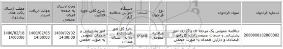 مناقصه عمومی یک مرحله ای واگذاری امور پشتیبانی و خدمات عمومی اداره کل امور اقتصادی و دارایی همدان به صورت حجمی