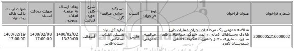 مناقصه عمومی یک مرحله ای اجرای عملیات طرح هادی روستاهای کمالی و اندر، خیرگو، چهارطاق، قلعه سهراب، تمرویه، دهنو چاهورز، دهکهنه، فاضلی شهرستان لامرد