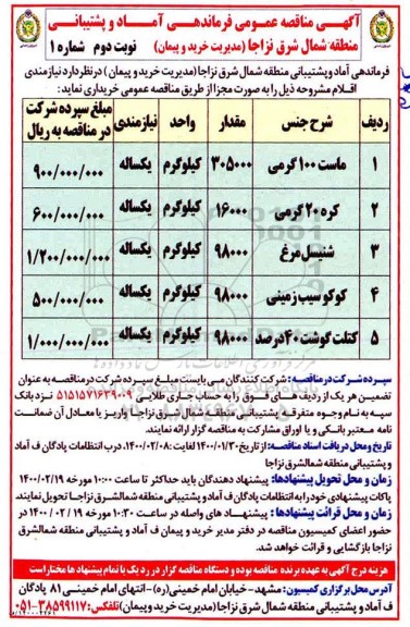 مناقصه، مناقصه خرید ماست، کره و ... - نوبت دوم