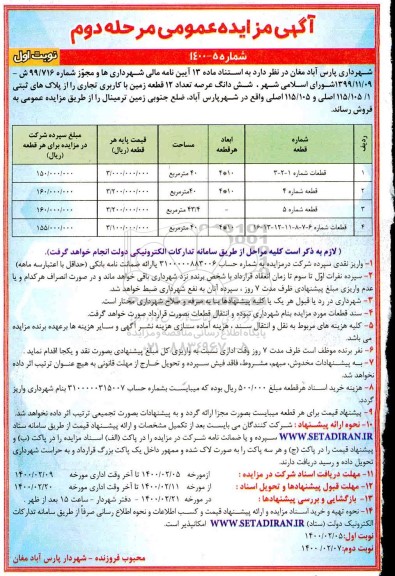 مزایده فروش شش دانگ عرصه تعداد 12 قطعه زمین با کاربری تجاری