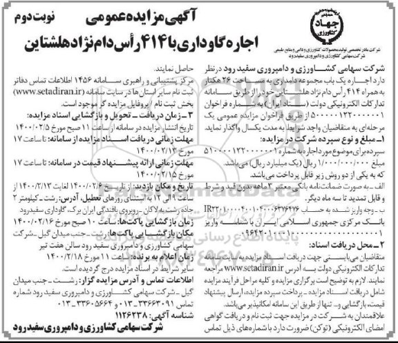 مزایده اجاره گاوداری با 414 راس دام نژاد هلشتاین نوبت دوم 