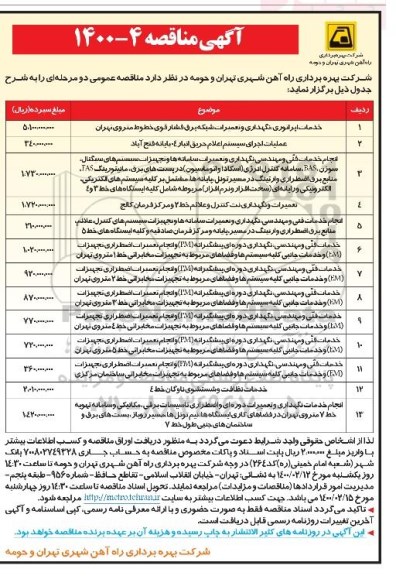 مناقصه، مناقصه خدمات اپراتوری ، نگهداری و تعمیرات شبکه برق فشار قوی خطوط ....