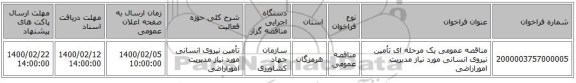 مناقصه عمومی یک مرحله ای تأمین نیروی انسانی مورد نیاز مدیریت اموراراضی