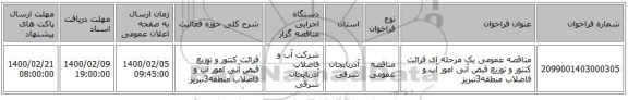 مناقصه عمومی یک مرحله ای قرائت کنتور و توزیع قبض آنی امور آب و فاضلاب منطقه3تبریز