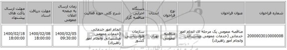 مناقصه عمومی یک مرحله ای انجام امور خدماتی (خدمات عمومی وپشتیبانی وانجام امور راهبری)