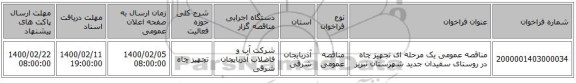 مناقصه عمومی یک مرحله ای تجهیز چاه در روستای سفیدان جدید شهرستان تبریز