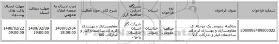 مناقصه، مناقصه عمومی یک مرحله ای مقاومسازی و بهسازی لرزه ای ساختمان انبار و تدارکات کالا, سامانه تدارکات الکترونیکی دولت 