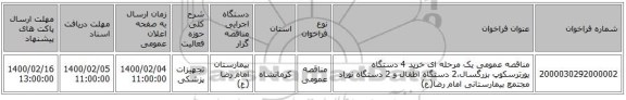 مناقصه عمومی یک مرحله ای خرید 4 دستگاه یورترسکوپ بزرگسال،2 دستگاه اطفال و 2 دستگاه نوزاد مجتمع بیمارستانی امام رضا(ع)