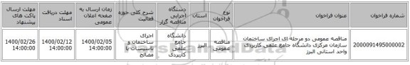 مناقصه عمومی دو مرحله ای اجرای ساختمان سازمان مرکزی دانشگاه جامع علمی کاربردی واحد استانی البرز 