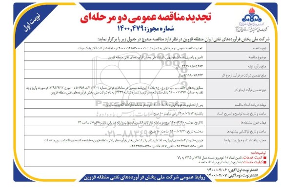 مناقصه تامین و راهبری خدمات خودرویی شرکت ملی تجدید