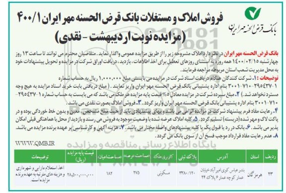 مزایده، مزایده فروش املاک و مستغلات در استان هرمزگان