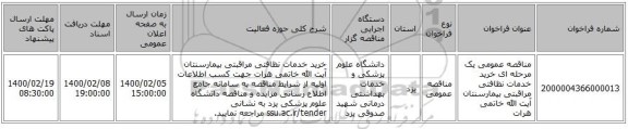 مناقصه عمومی یک مرحله ای خرید خدمات نظافتی مراقبتی بیمارسنتان آیت الله خاتمی هرات