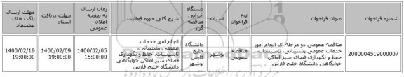 مناقصه عمومی دو مرحله ای انجام امور خدمات عمومی،پشتیبانی، تاسیسات، حفظ و نگهداری فضای سبز اماکن خوابگاهی دانشگاه خلیج فارس