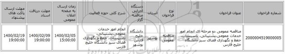 مناقصه عمومی دو مرحله ای   انجام امور خدمات عمومی،پشتیبانی، تاسیسات، حفظ و نگهداری فضای سبز  دانشگاه خلیج فارس