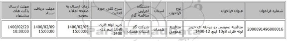مناقصه عمومی دو مرحله ای خرید لوله فلزی 8و10 اینچ 12-1400